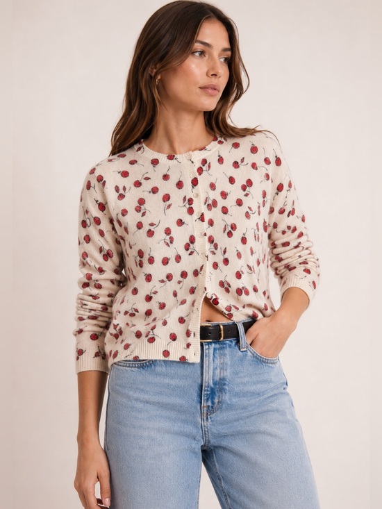 J. Crew Sweaters - J. Crew Brushed Cashmere Cardigan Cherry Print Fuzzy